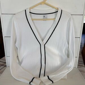 All in Motion White Button Down Cardigan with Black Trim